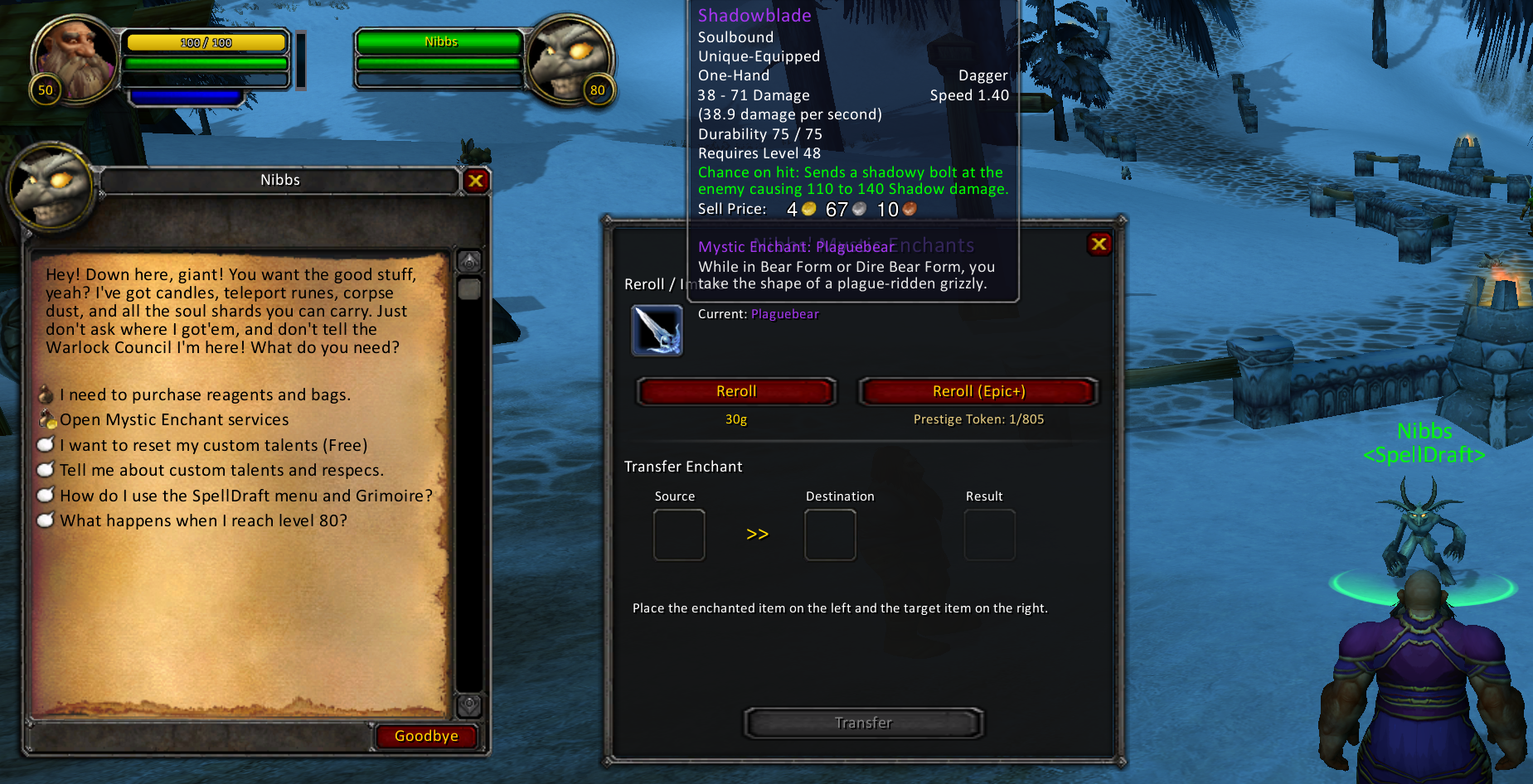 Mystic Enchants: Reroll, Golden Imbue, and Transfer custom combat procs and cosmetics via Nibbs the Imp